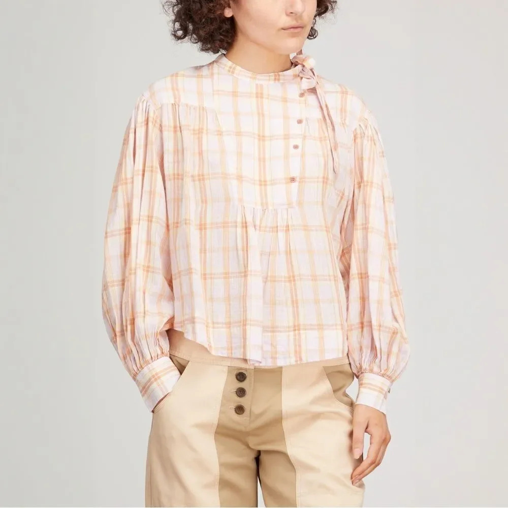 Ulla Johnson Clarke Blouse Cotton Voile Plaid Tie Neck Top SS22 Size 0